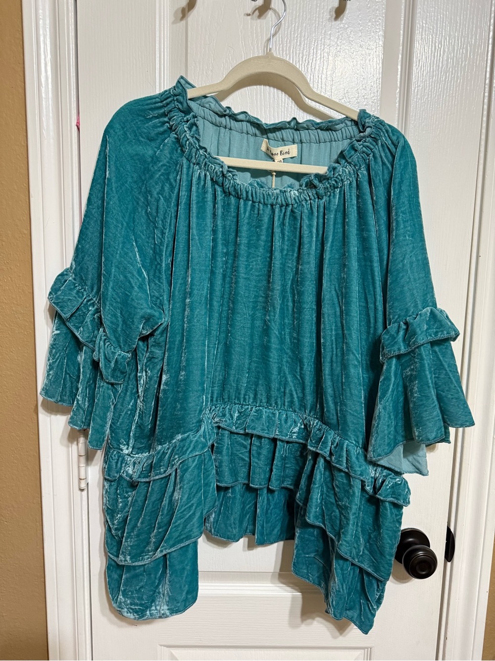 H245 NWT A Rare Bird OS Set Teal Blue Boho Velvet Top Floral Bird Wide Leg Pants - Picture 11 of 16